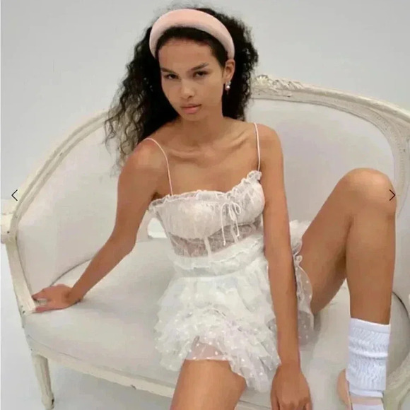 NWT For Love & Lemons White Lace Ruffled  Mini Dress in X-Small - Picture 2 of 5